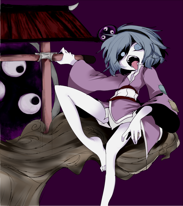 androgynous, barefoot, empty_eyes, evil_smile, extra_eyes, fangs, hair_ornament, japanese_clothes