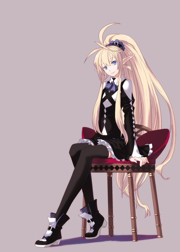 blonde_hair, blue_eyes, flat_chest, ira96, long_hair, pointy_ears, ribbon, simple_background