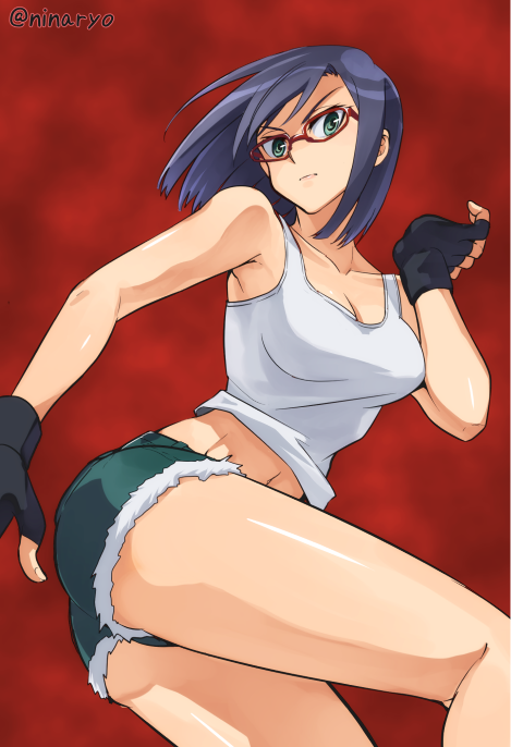 1girl, breasts, denim, denim_shorts, fingerless_gloves, glasses, gloves, looking_at_viewer
