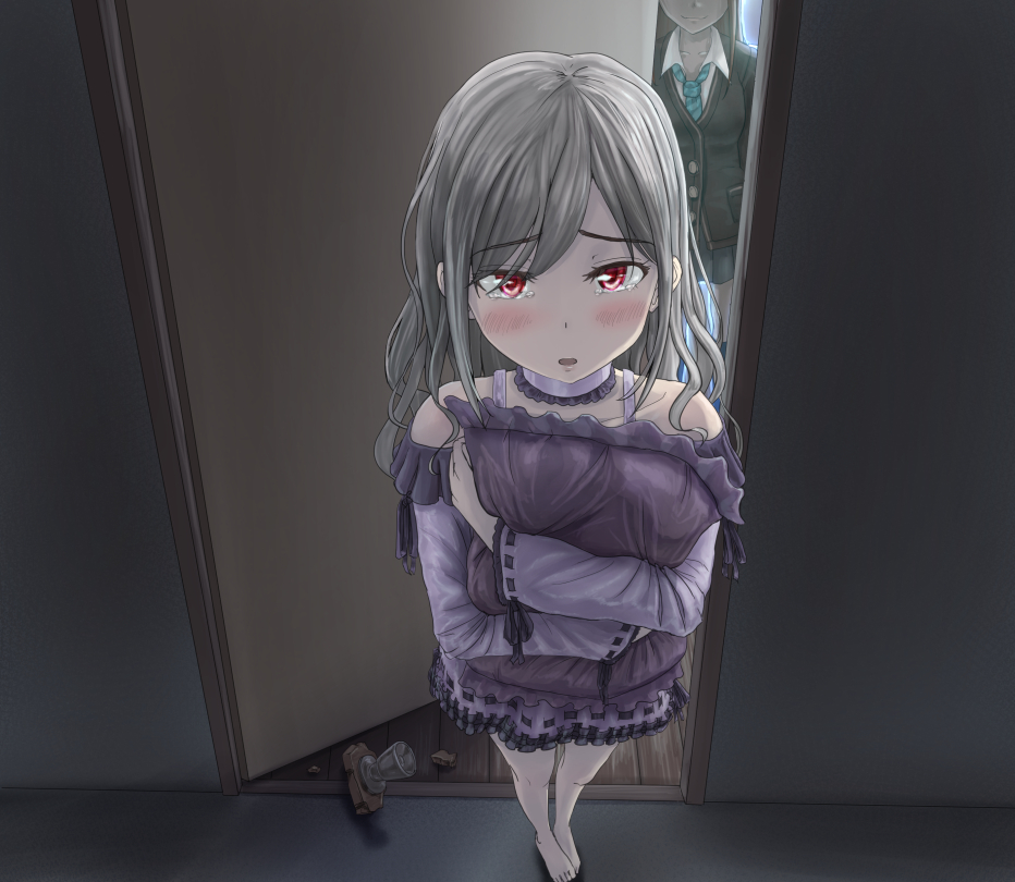 2girls, blush, broken_window, grey_hair, holding_pillow, idolmaster, idolmaster_cinderella_girls, kanzaki_ranko