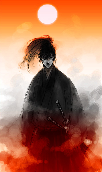 fog, japanese_clothes, katana, kimono, kodachi, kumo_nokai, mist, moon