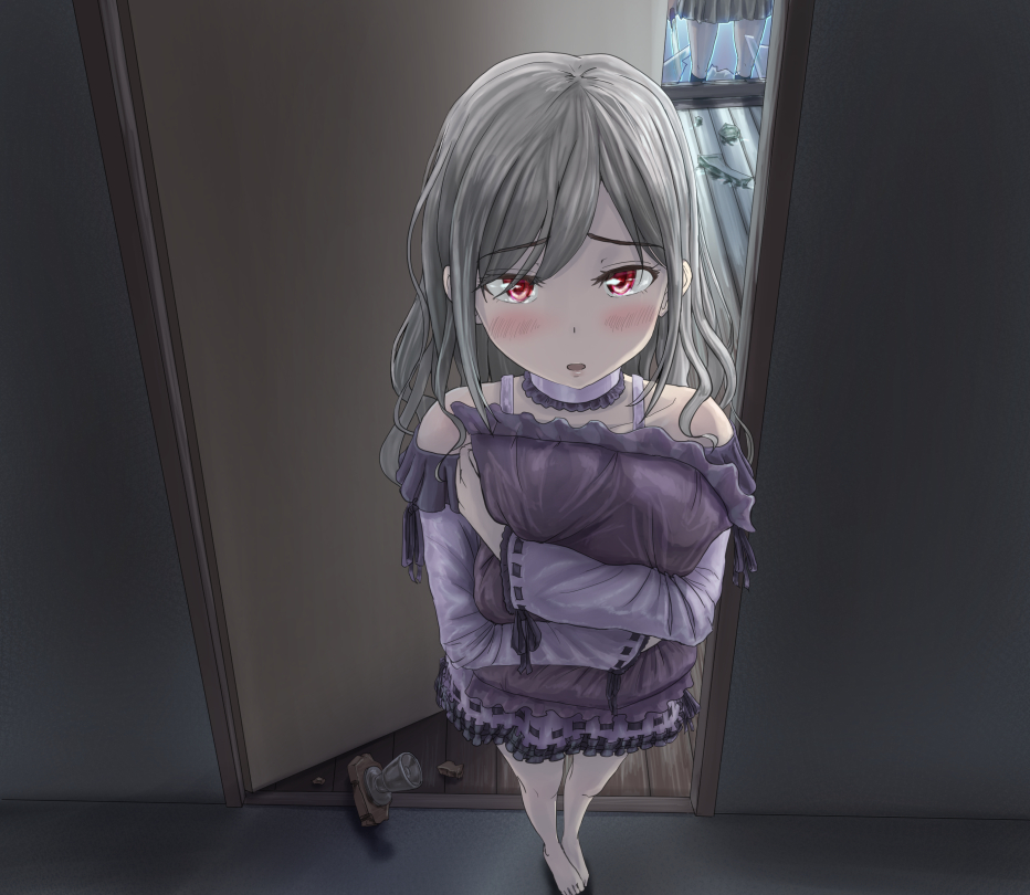 2girls, black_legwear, blush, broken_window, grey_hair, holding_pillow, idolmaster, idolmaster_cinderella_girls