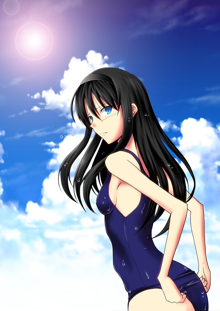 1girl, black_hair, blue_eyes, breasts, hairband, long_hair, looking_at_viewer, mako_(atomic_goddess)