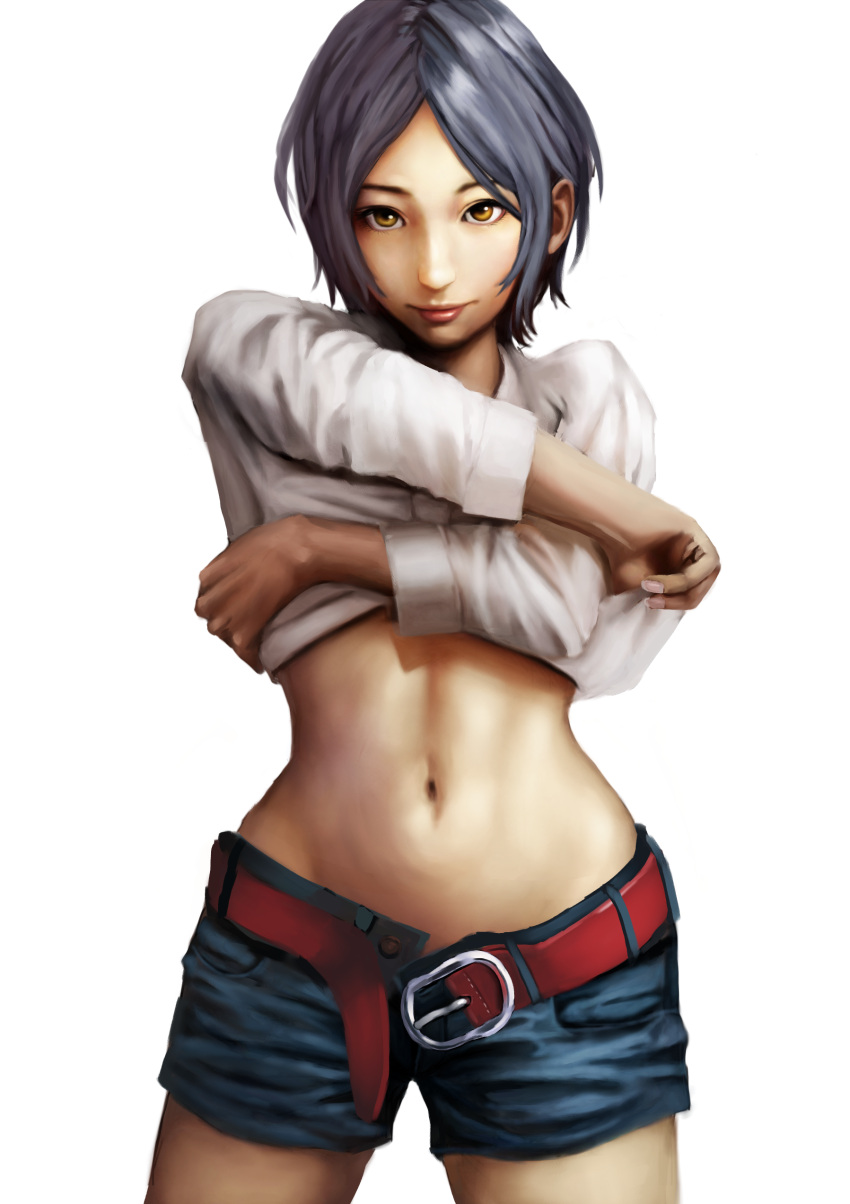 1girl, absurdres, belt, black_hair, breasts, hajime_(elan787), hayami_kanade, highres, idolmaster, idolmaster_cinderella_girls, light_smile, looking_at_viewer, navel, short_hair, solo, yellow_eyes