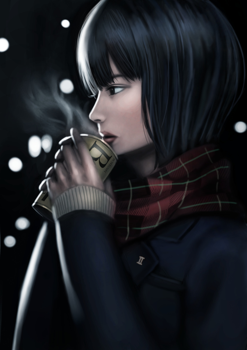 1girl, black_hair, coffee, hajime_(elan787), highres, original, plaid, plaid_scarf