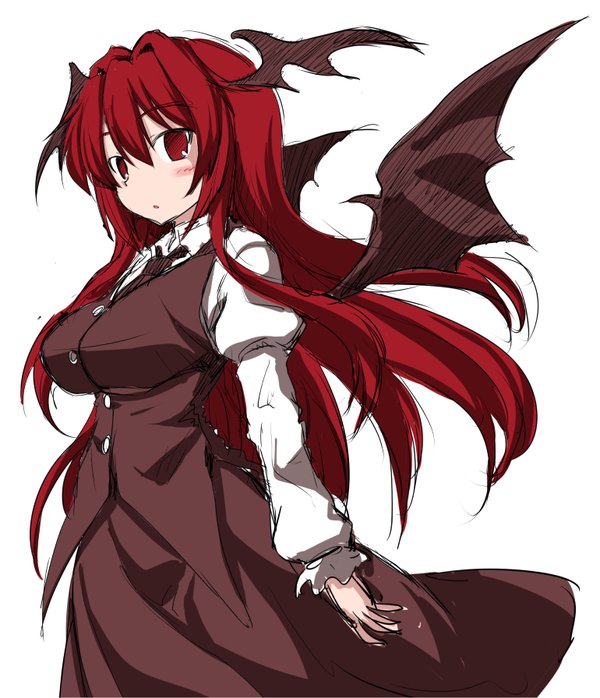 1girl, blush, demon_wings, head_wings, koakuma, nikke, red_eyes, redhead