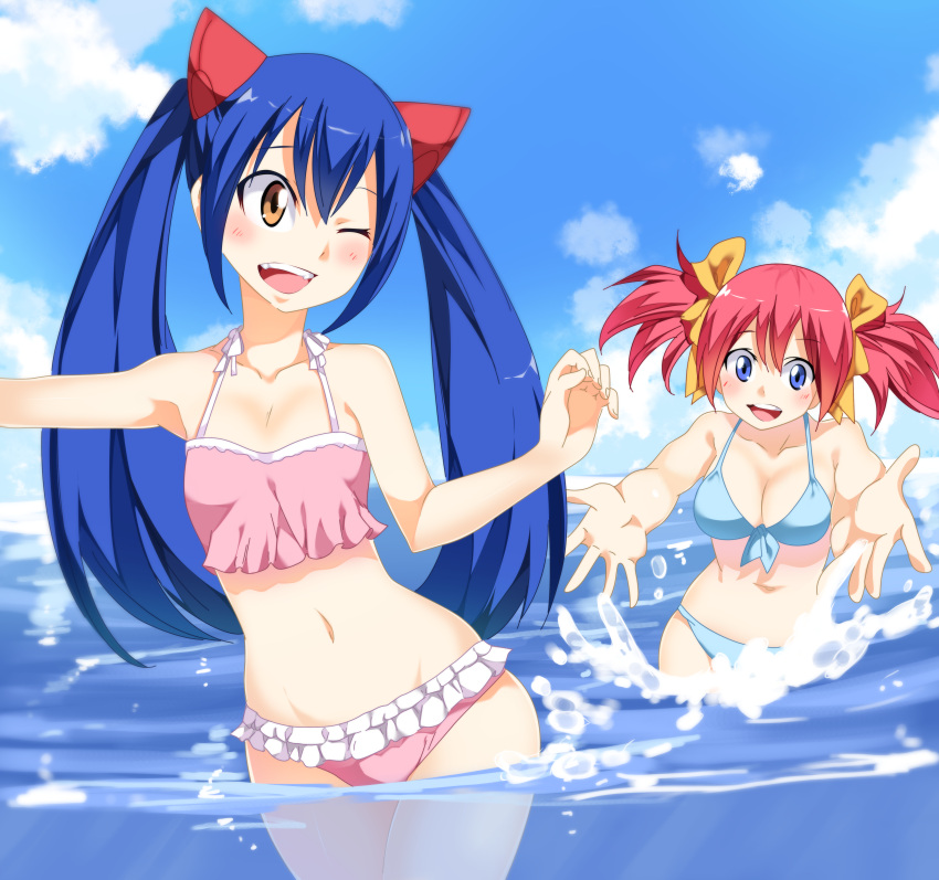 2girls, absurdres, bikini, blue_bikini, blue_eyes, blue_hair, breasts, brown_eyes
