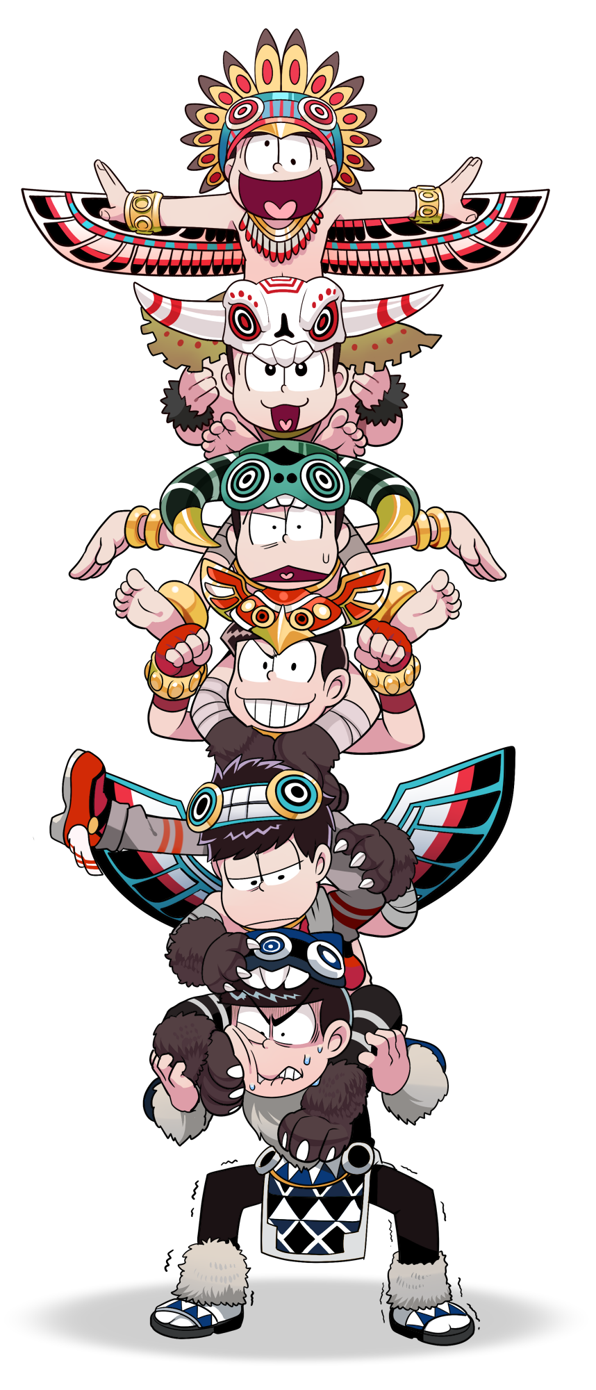 6+boys, :3, alternate_costume, black_hair, bracelet, brothers, choromatsu, enerunaru, fingerless_gloves, gloves, heart, heart_in_mouth, highres, human_tower, ichimatsu, jewelry, jitome, jyushimatsu, karamatsu, male_focus, messy_hair, multiple_boys, osomatsu-kun, osomatsu-san, osomatsu_(osomatsu-kun), paw_gloves, sextuplets, siblings, simple_background, smile, stacking, sweat, todomatsu, totem_pole, trembling, triangle_mouth, wall-eyed, white_background