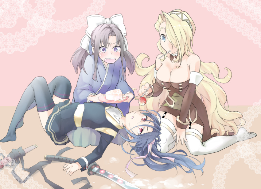 3girls, bea_(tiarara), blonde_hair, blue_eyes, blue_hair, bow, breasts, cleavage, detached_collar, detached_sleeves, dress, feeding, food, fork, fruit, garter_straps, hair_bow, hair_over_one_eye, hairband, hijikata_toshizou_(sengoku_collection), japanese_clothes, katana, kondou_isami_(sengoku_collection), large_breasts, long_hair, lying, maid, mouth_hold, multiple_girls, okita_souji_(sengoku_collection), on_back, open_mouth, pink_eyes, purple_hair, sengoku_collection, sitting, skirt, strawberry, sword, thigh-highs, very_long_hair, wavy_hair, weapon, white_legwear