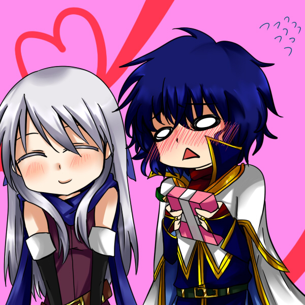 1boy, 1girl, bare_shoulders, blue_hair, blue_scarf, blush, bridal_gauntlets, chibi