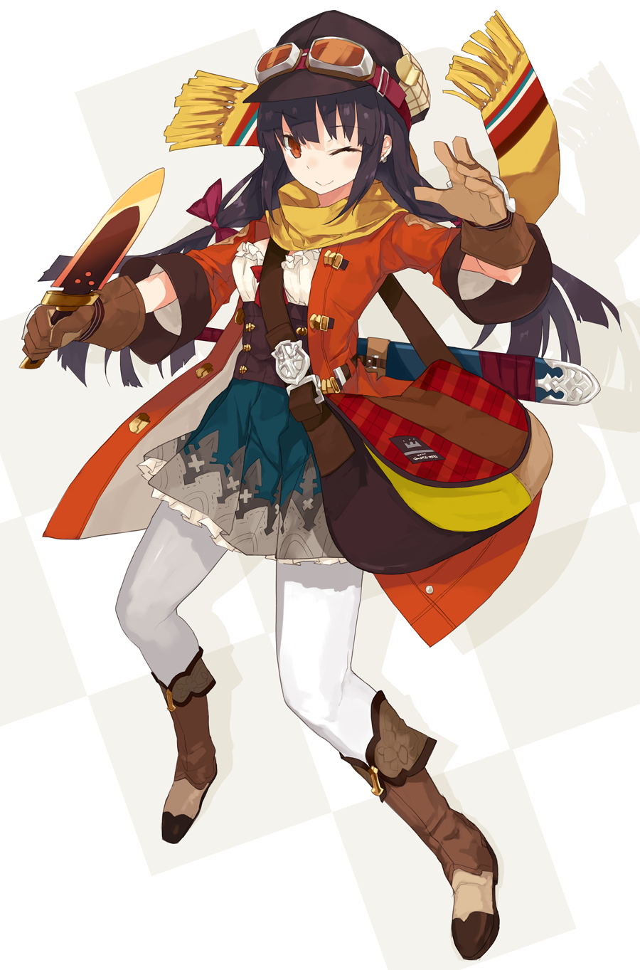 1girl, bag, black_hair, boots, checkered, checkered_background, coat, corset, dagger, earrings, gloves, goggles, harapeko_(886011), hat, highres, jewelry, long_hair, looking_at_viewer, messenger_bag, one_eye_closed, orange_eyes, original, scarf, sheath, sheathed, shoulder_bag, skirt, solo, sword, tagme, underbust, unsheathed, weapon, white_legwear