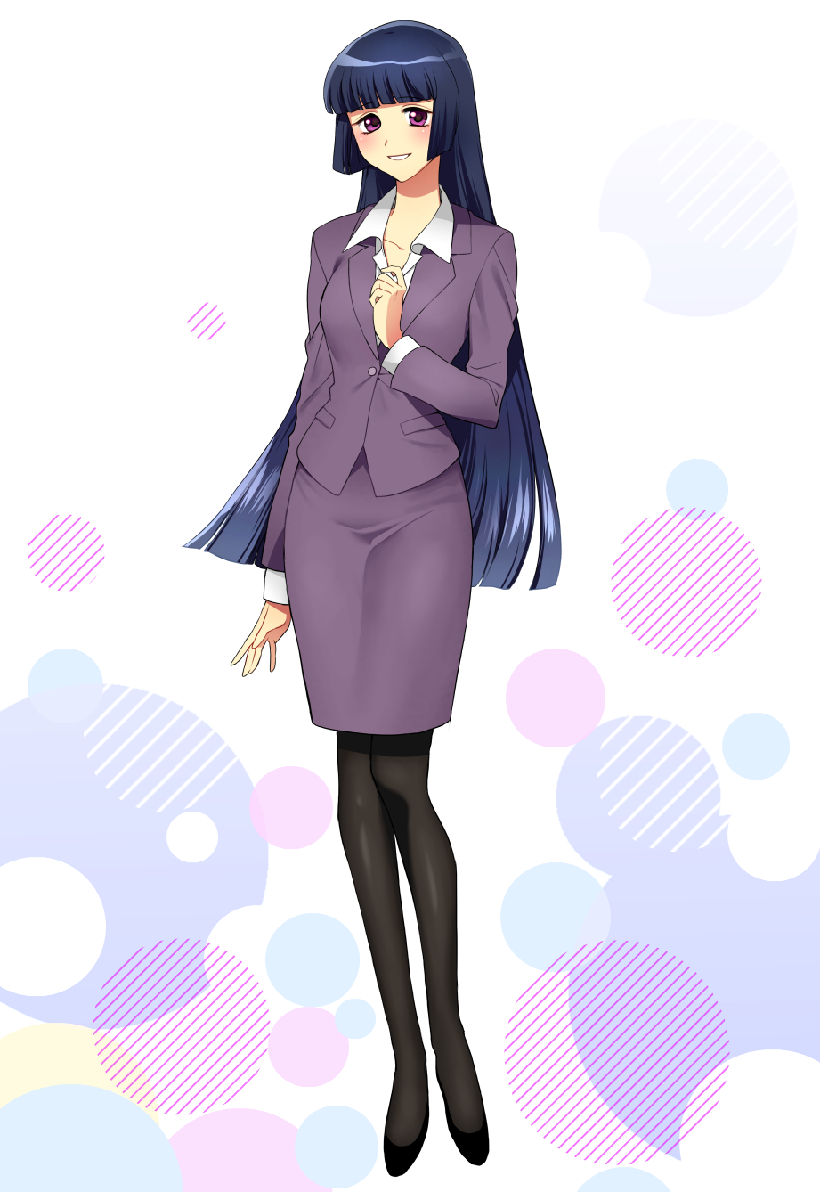 1girl, bangs, black_hair, black_legwear, blush, formal, highres, long_hair