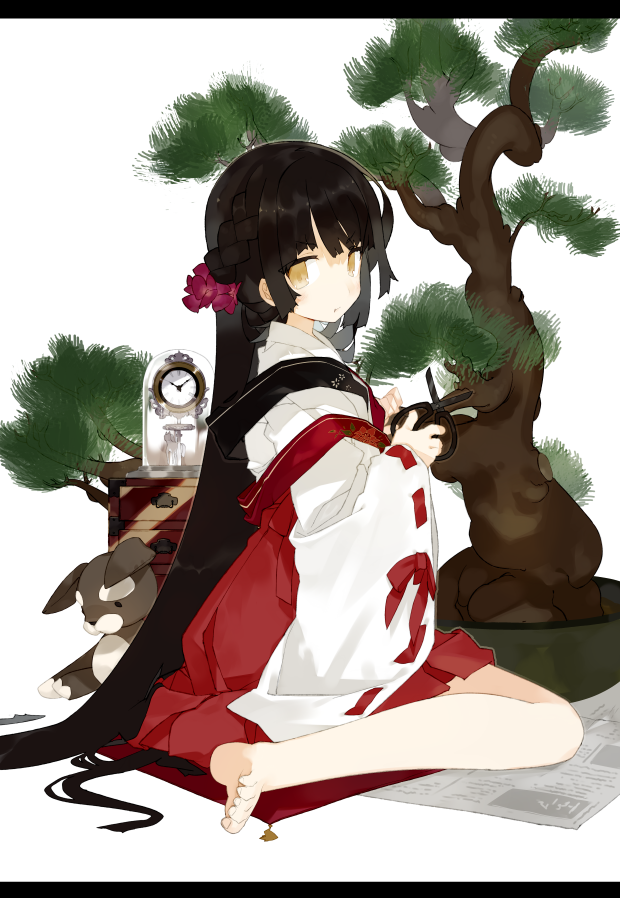 1girl, barefoot, black_hair, bonsai, clock, drawer, from_side, japanese_clothes