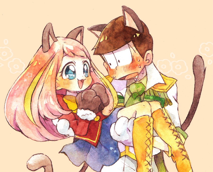 1boy, 1girl, :3, animal_ears, blue_eyes, blush, boots, brown_hair