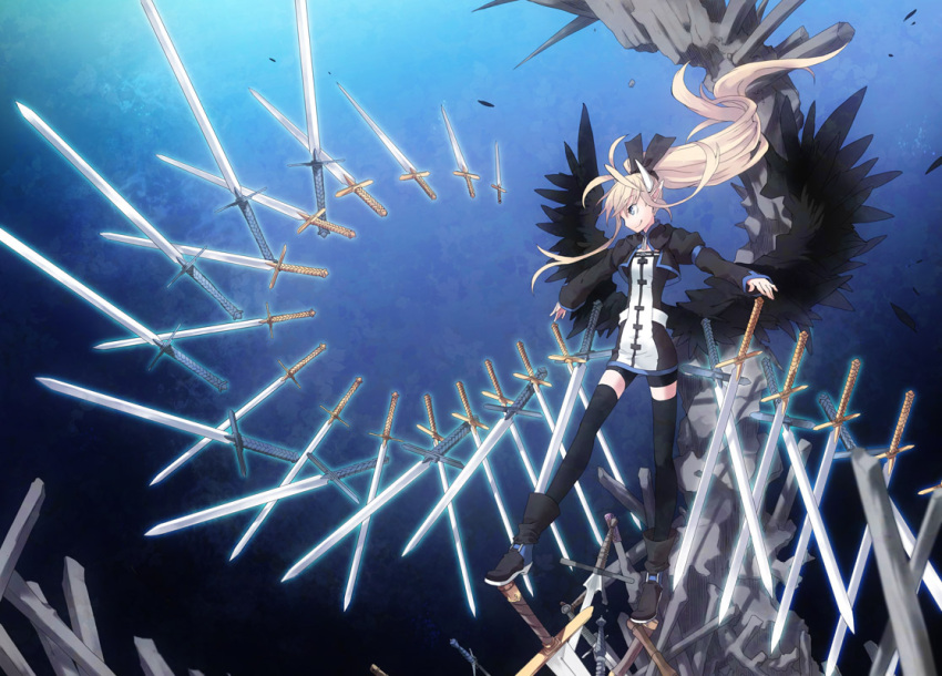 bad_id, blonde_hair, blue_eyes, horns, ira96, pointy_ears, sword, thighhighs