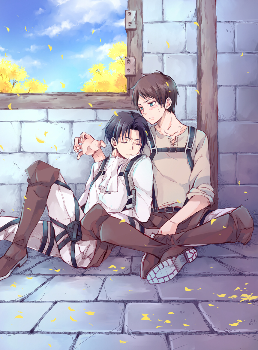 2boys, aqua_eyes, black_hair, blue_sky, blush, boots, brown_boots, brown_hair