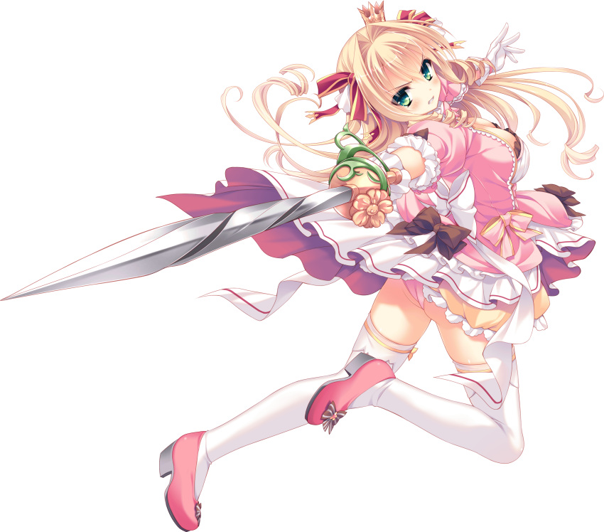 1girl, absurdres, blonde_hair, breasts, cleavage, dress, full_body, gloves