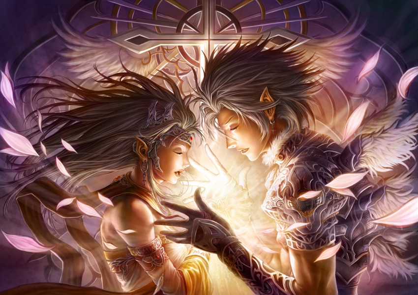chrisnfy85, closed_eyes, couple, gloves, long_hair, pointy_ears, short_hair, wings