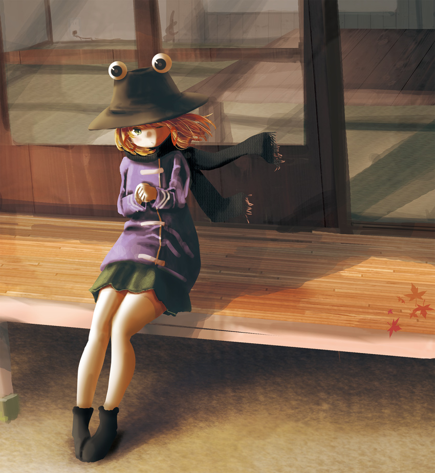 1girl, aki_tsui, alternate_costume, alternate_eye_color, autumn, autumn_leaves, black_boots, black_scarf
