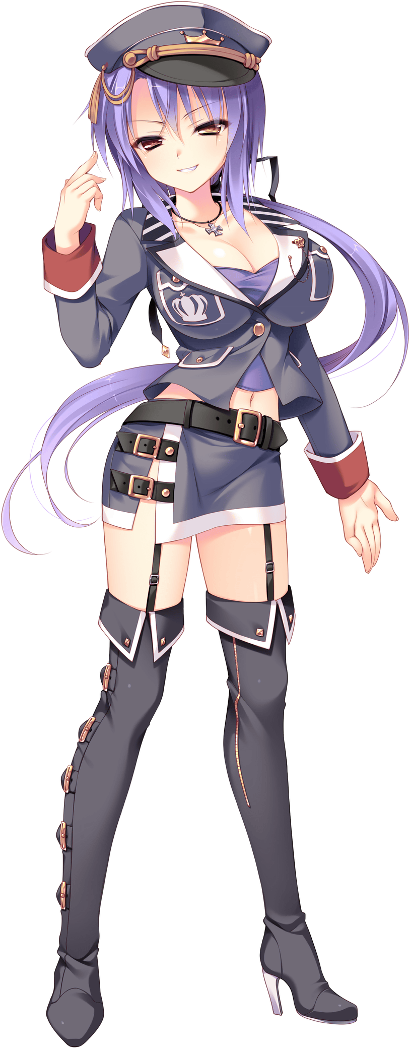 1girl, angelica_kamira_erland, breasts, brown_eyes, cleavage, full_body, hat, highres, jewelry, large_breasts, long_sleeves, love_love_princess, miniskirt, necklace, purple_hair, short_hair, simple_background, skirt, smile, solo, thigh-highs, white_background, wori