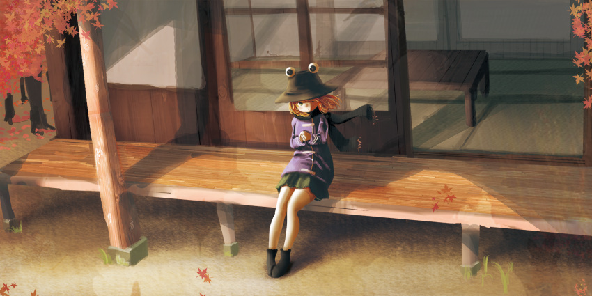1girl, aki_tsui, alternate_costume, alternate_eye_color, autumn, autumn_leaves, black_boots, black_scarf
