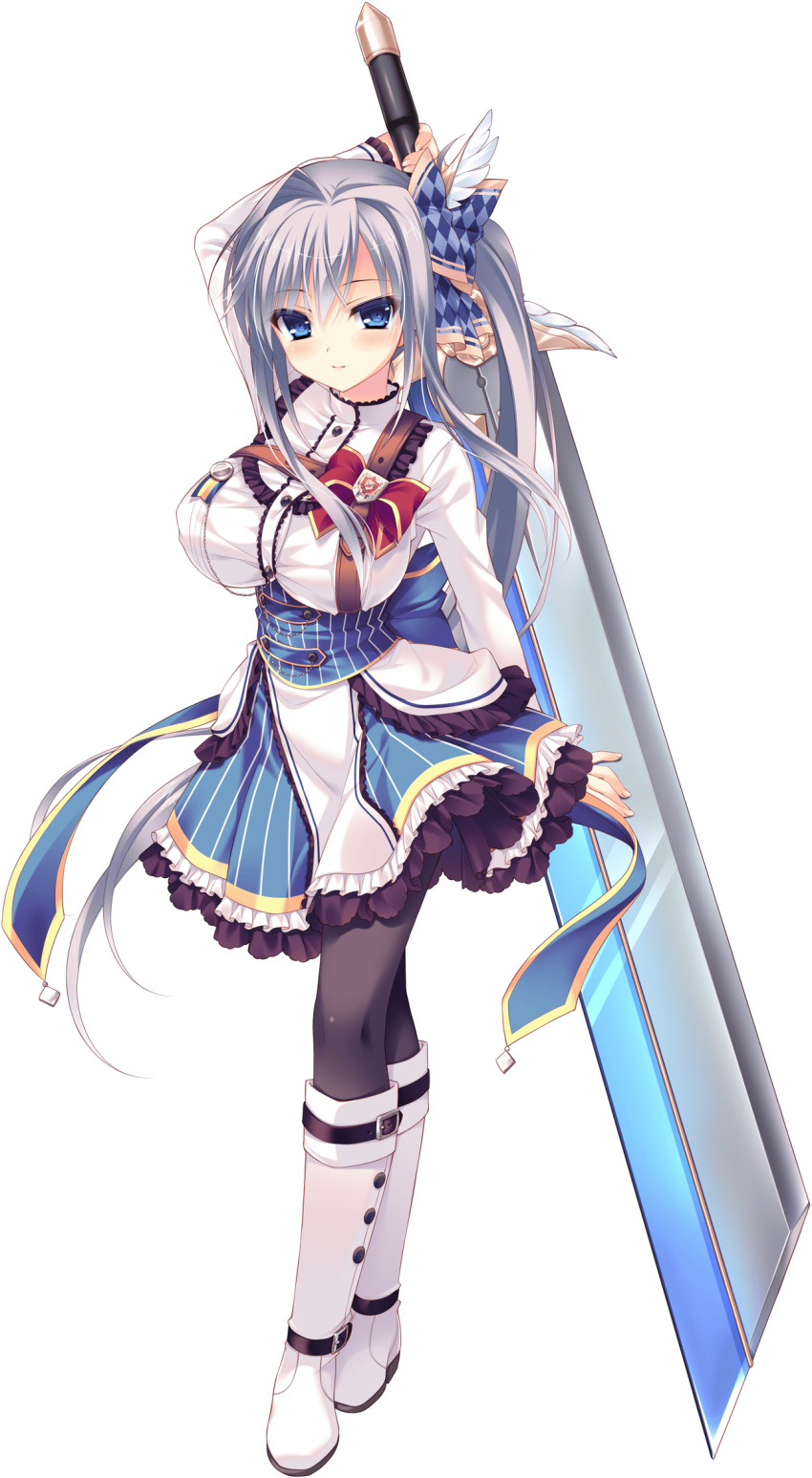 1girl, blue_eyes, blush, boots, breasts, cecilia_highland, dress, full_body