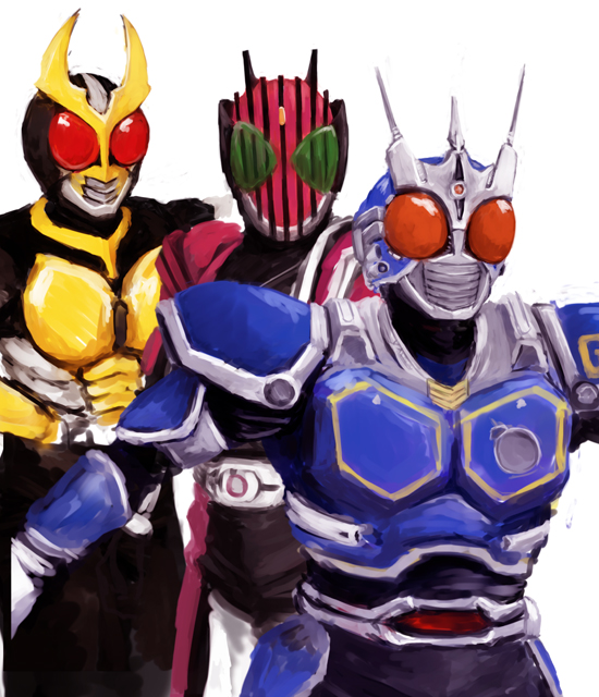 3boys, antenna, aocha, armor, belt, kamen_rider, kamen_rider_agito, kamen_rider_agito_(series), kamen_rider_dcd, kamen_rider_decade, kamen_rider_g3, male_focus, multiple_boys, power_armor