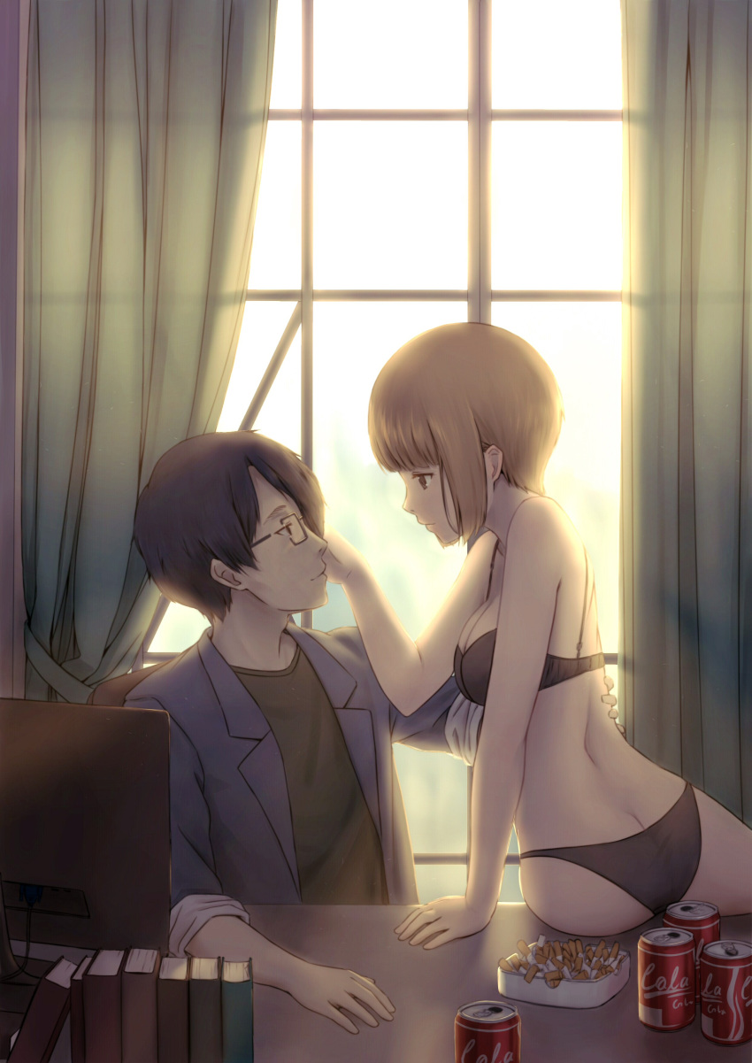 1boy, 1girl, absurdres, arm_support, ashtray, ass, backlighting, bangs