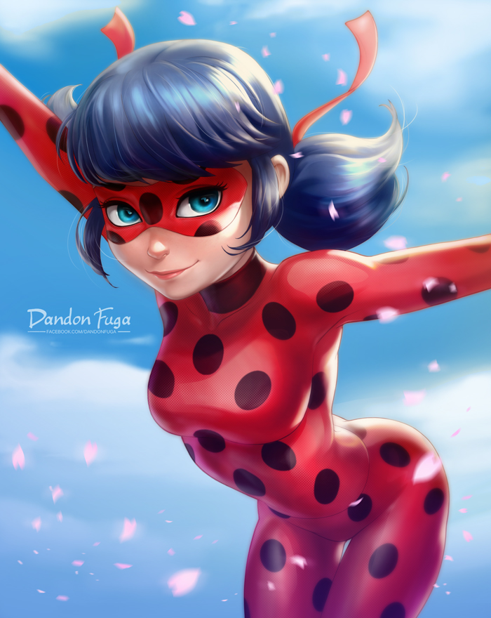 1girl, armpits, artist_name, bangs, blue_background, blue_eyes, blue_hair, bodysuit, covered_navel, cowboy_shot, dandon_fuga, domino_mask, eyelashes, hair_ribbon, hips, ladybug_(character), leaning_forward, light_smile, lips, looking_at_viewer, marinette_cheng, mask, miraculous_ladybug, outstretched_arms, petals, polka_dot, ponytail, ribbon, short_hair, sidelocks, simple_background, skin_tight, slender_waist, small_breasts, smile, solo, superhero, thigh_gap, turtleneck, twintails