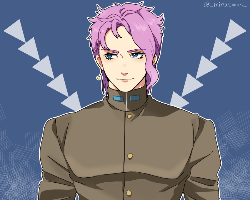 1boy, alternate_color, alternate_hairstyle, blue_background, blue_eyes, earrings, gakuran, highres