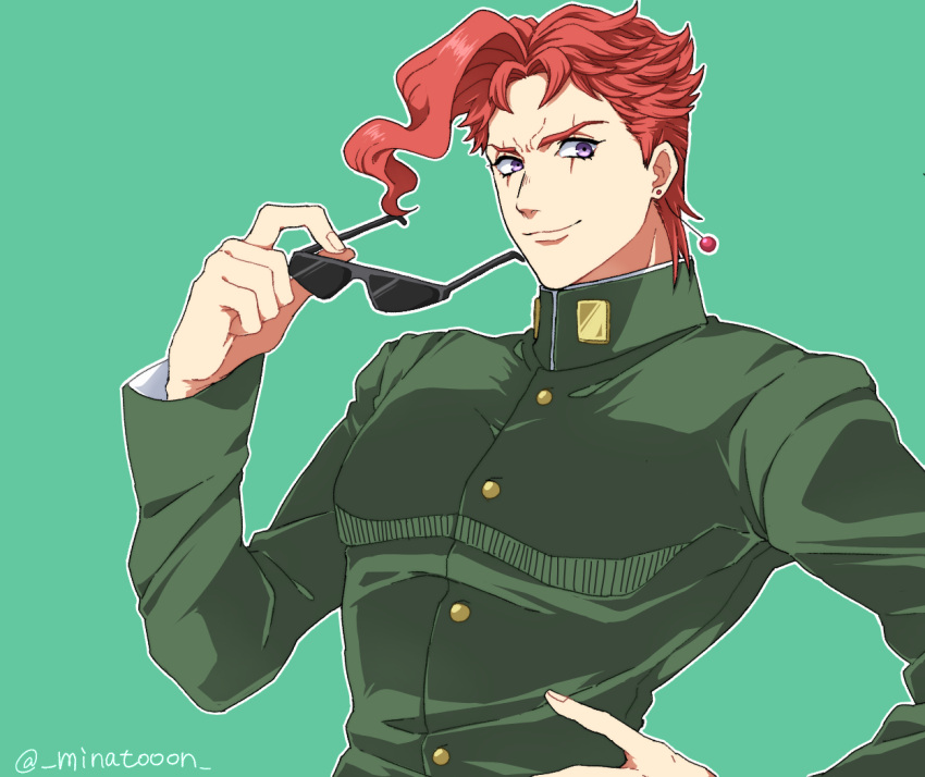 1boy, earrings, gakuran, green_background, jewelry, jojo_no_kimyou_na_bouken, kakyouin_noriaki, male_focus