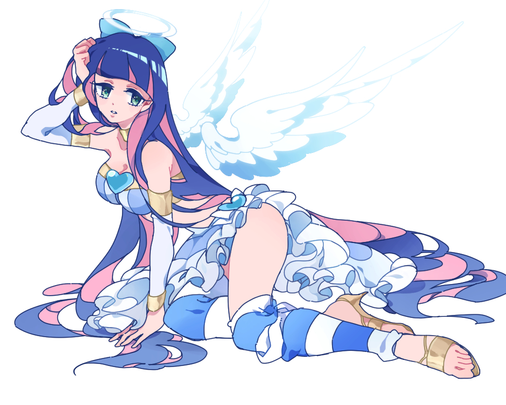 1girl, adjusting_hair, angel, angel_wings, bangs, bare_shoulders, blue_hair, blunt_bangs, bow, detached_sleeves, detached_wings, frilled_skirt, frills, full_body, green_eyes, hair_bow, halo, long_hair, long_skirt, long_sleeves, multicolored_hair, panty_&amp;_stocking_with_garterbelt, parted_lips, pink_hair, sandals, skirt, solo, stocking_(psg), striped, striped_legwear, thigh-highs, two-tone_hair, very_long_hair, white_background, white_skirt, white_wings, wings, yoshida_(yooosida)