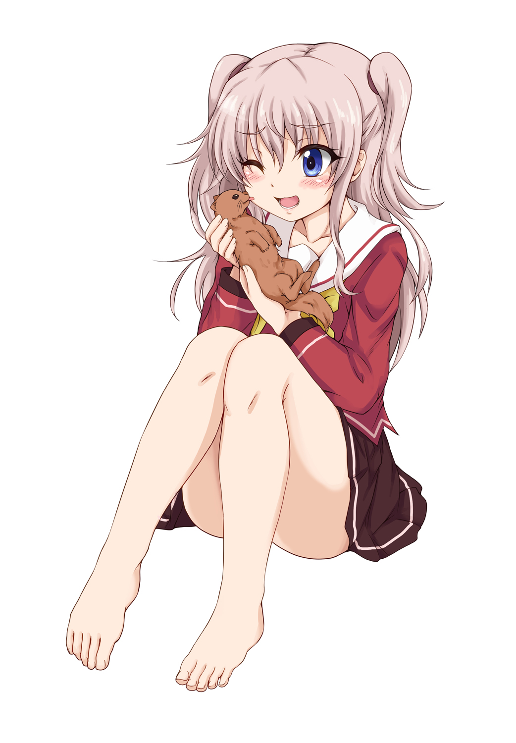 1girl, barefoot, blue_eyes, charlotte_(anime), highres, ippachi, licking, long_hair, otter, school_uniform, serafuku, sitting, tomori_nao, twintails, two_side_up