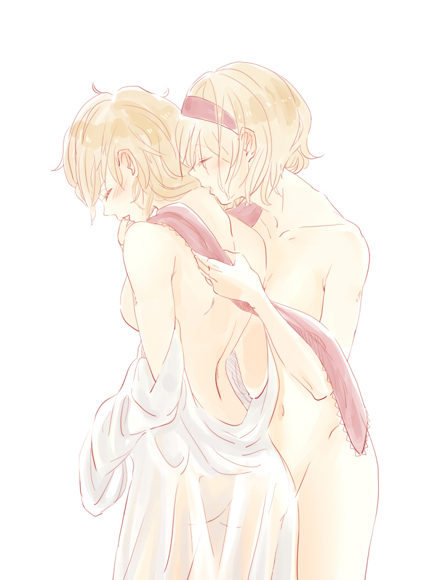 2girls, alice_margatroid, back, blonde_hair, blush, breasts, closed_eyes, couple