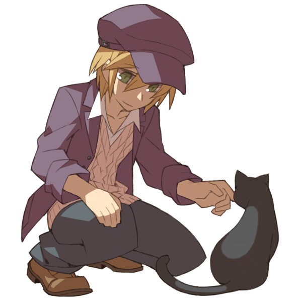 1boy, blonde_hair, cat, green_eyes, harvest_moon, harvest_moon:_connect_to_a_new_land, hat, hobohochi, kamil_(story_of_seasons)