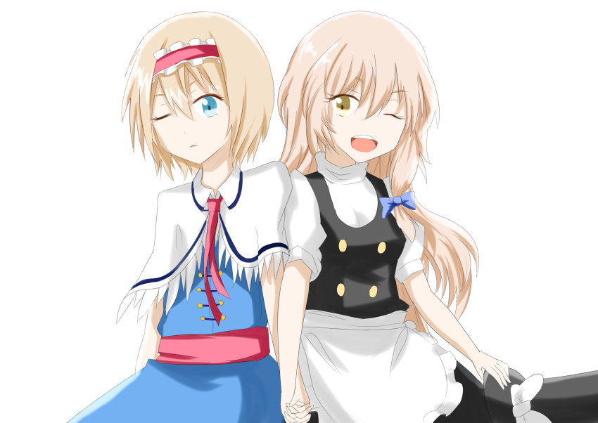 2girls, absurdres, alice_margatroid, apron, ascot, blonde_hair, blue_eyes, braid