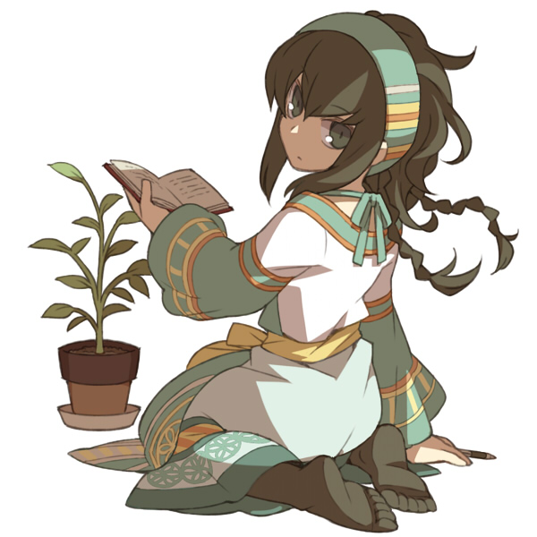 1girl, book, braid, harvest_moon, harvest_moon:_connect_to_a_new_land, hobohochi, licorice_(story_of_seasons), plant, potted_plant, ribbon, solo, thigh-highs