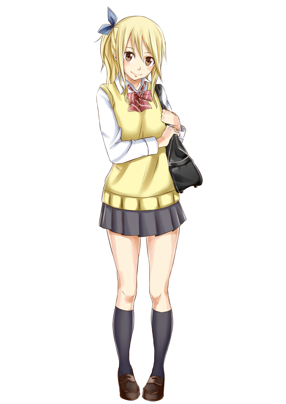 1girl, black_legwear, black_skirt, blonde_hair, blue_ribbon, brown_eyes, fairy_tail, hair_ribbon