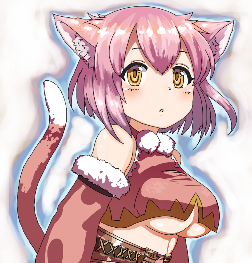 1girl, animal_ears, breasts, cat_ears, cat_tail, clulu_aluminal, crop_top, detached_sleeves, kanpani_girls, pink_hair, shaun_(fallenicons), short_hair, solo, tail, under_boob, white_background, yellow_eyes