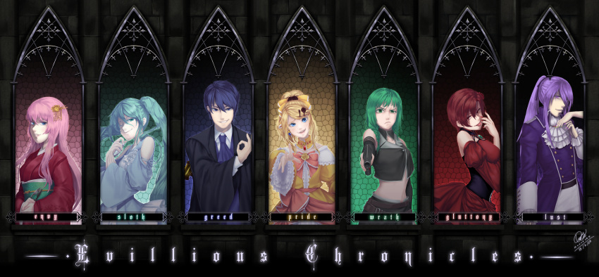 2boys, 5girls, absurdres, aiming_at_viewer, aku_no_musume_(vocaloid), akujiki_musume_conchita_(vocaloid), akutoku_no_judgement_(vocaloid), angry