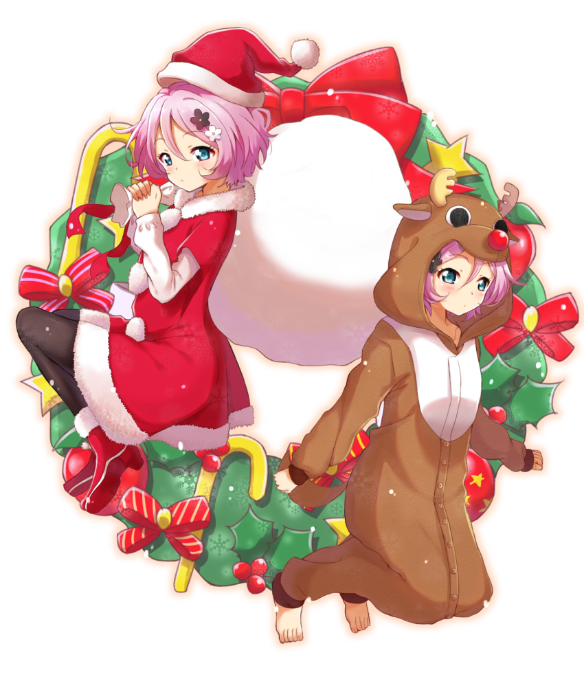 2girls, animal_costume, antlers, barefoot, black_legwear, blue_eyes, blush, boots