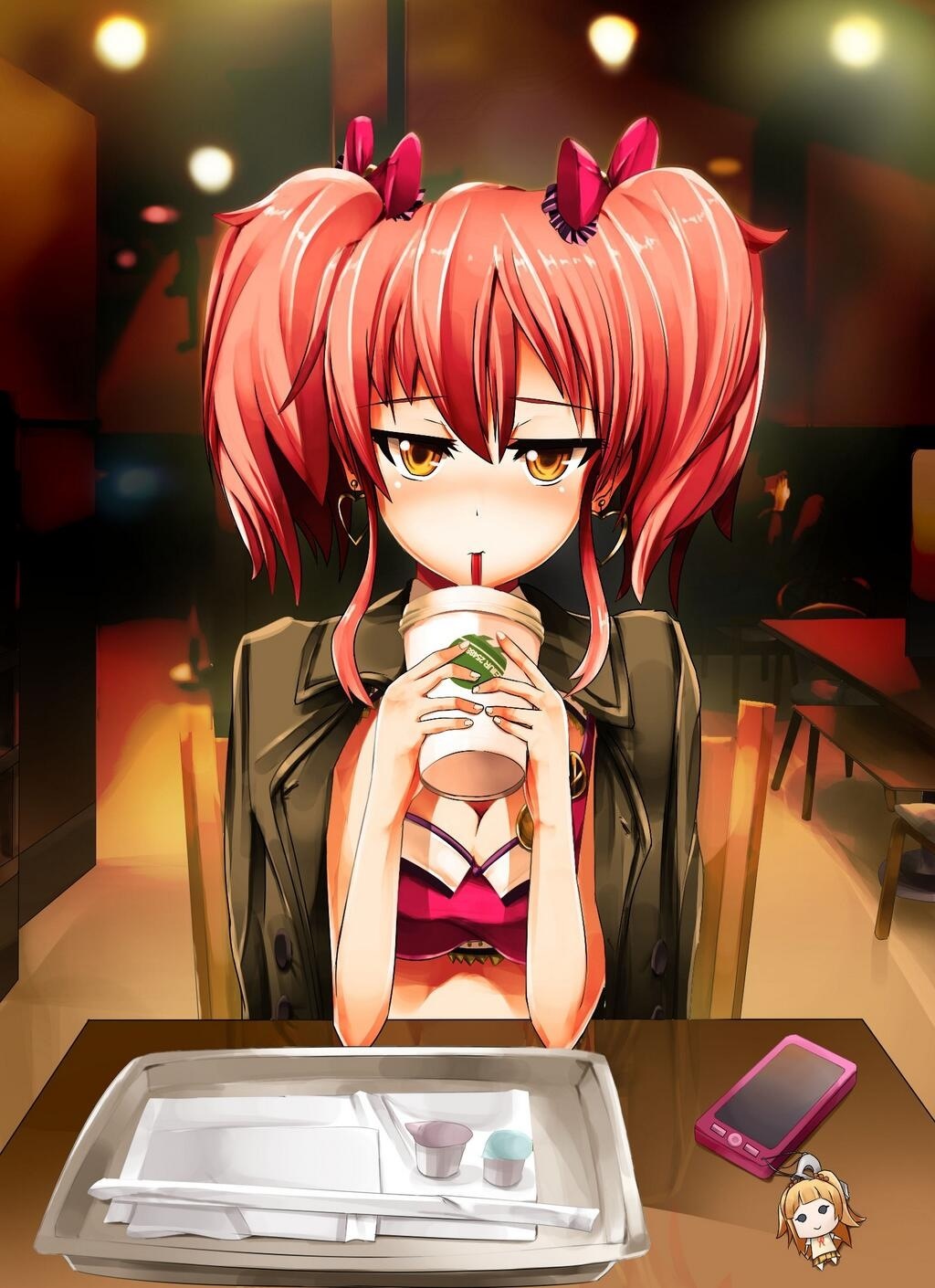 1girl, blush, bow, breasts, cellphone, character_doll, drink, drinking