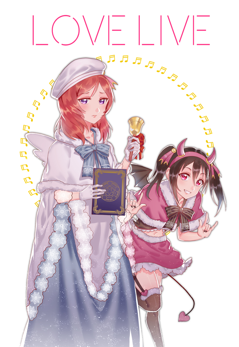 2girls, \m/, alternate_costume, angel_and_devil, angel_wings, bangs, beamed_semiquavers, beret