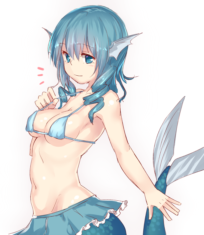 1girl, bikini_top, blue_eyes, blue_hair, blush, gradient, gradient_background, head_fins