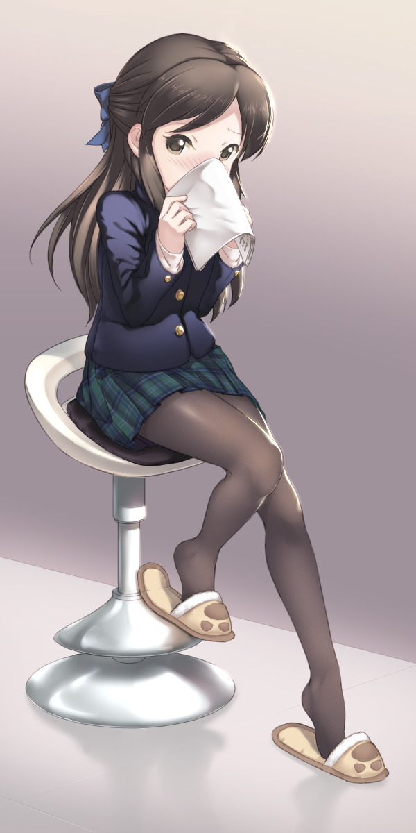 1girl, blazer, blue_bow, blush, bow, brown_background, brown_eyes, brown_hair