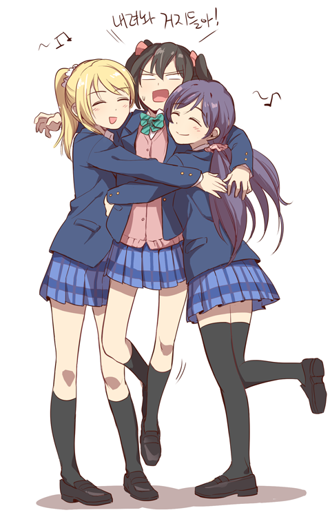 3girls, ^_^, akni, ayase_eli, black_hair, black_legwear, blank_eyes, blazer