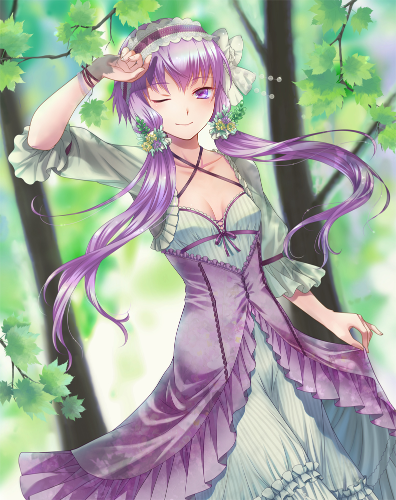 1girl, ;), arm_up, beads, blurry_background, blush, bow, breasts