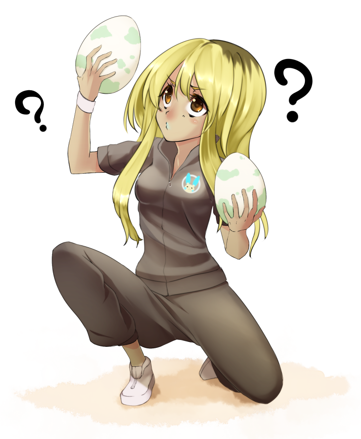 1girl, ?, blonde_hair, brown_eyes, brown_hair, dark_skin, delinquent_(pokemon), egg
