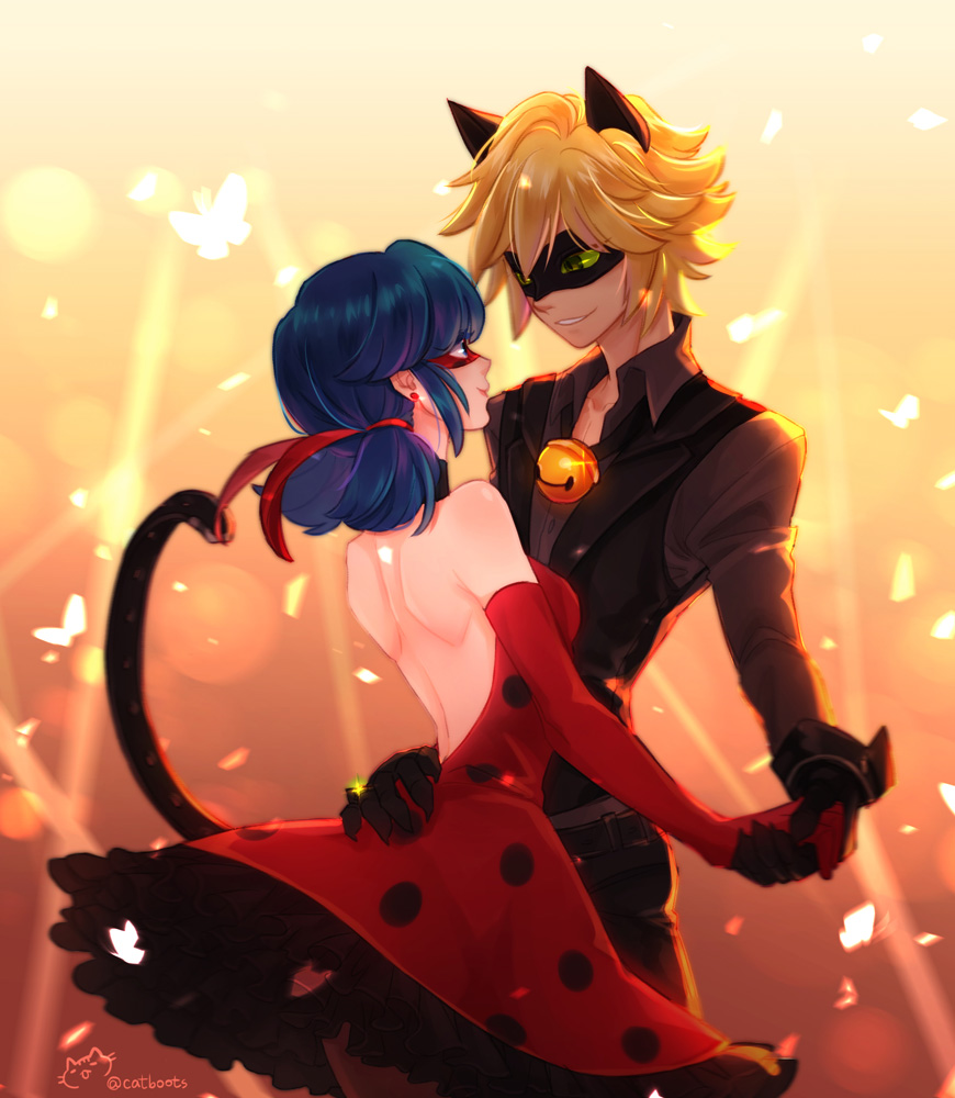 1boy, 1girl, adapted_costume, animal_ears, arm_around_waist, bare_back, bare_shoulders, bell