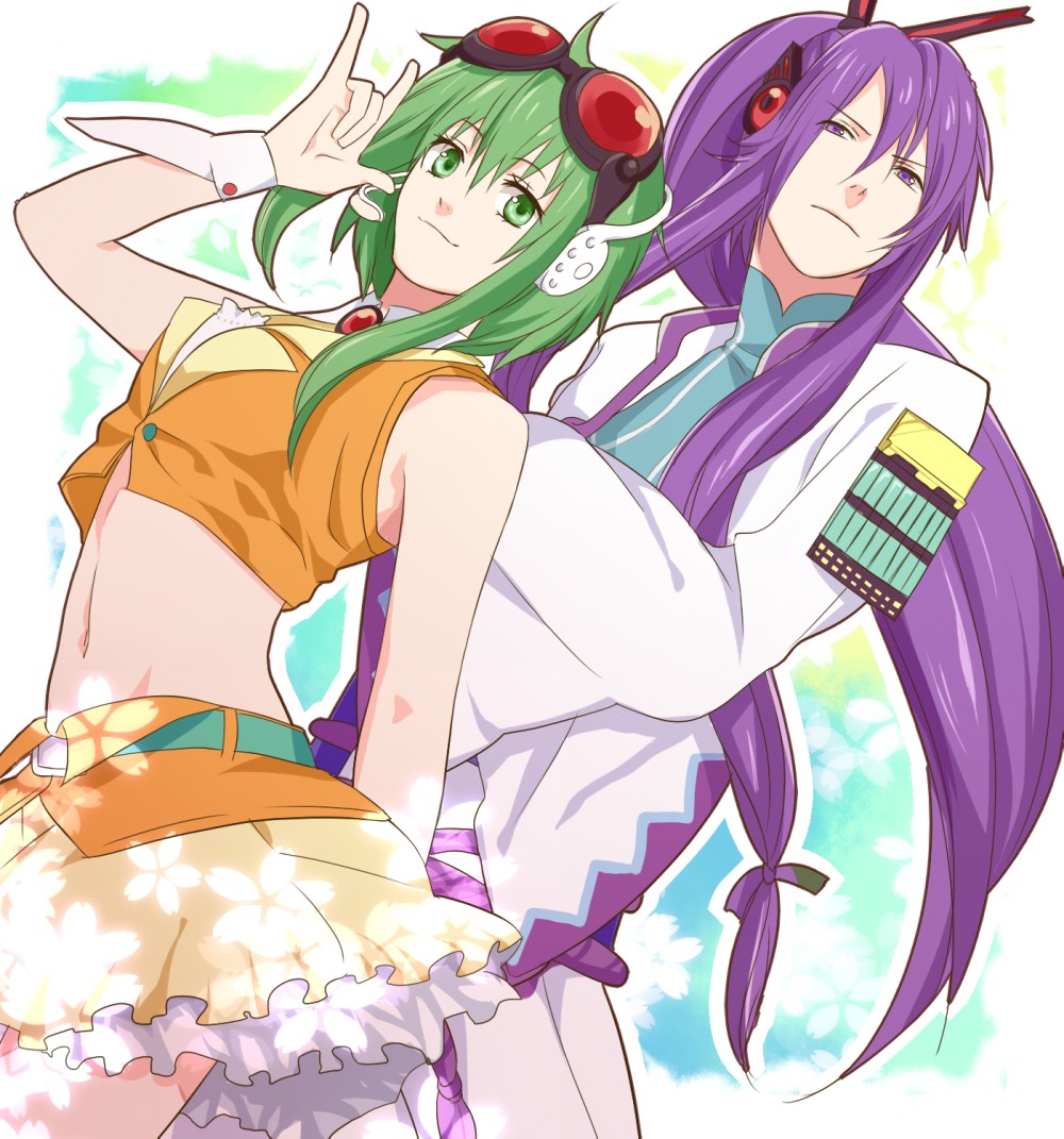 \m/, belt, fujiwara, goggles, green_eyes, green_hair, gumi, headphones